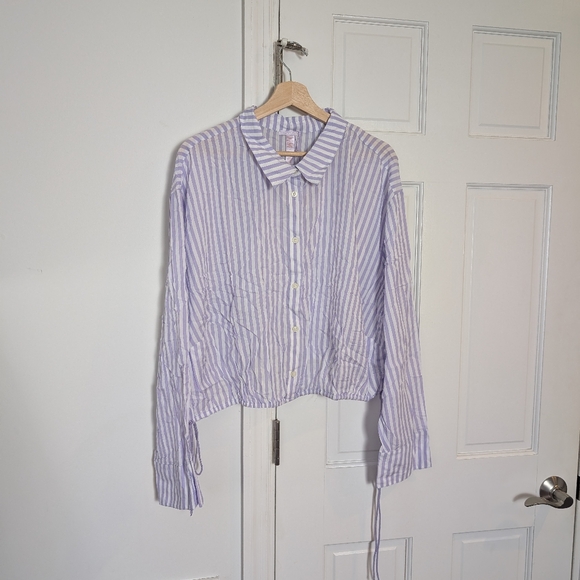 Savage X Fenty Coastal Stripe Woven Voile Sleep Crop Shirt with Drawstring | 3X - Picture 3 of 8